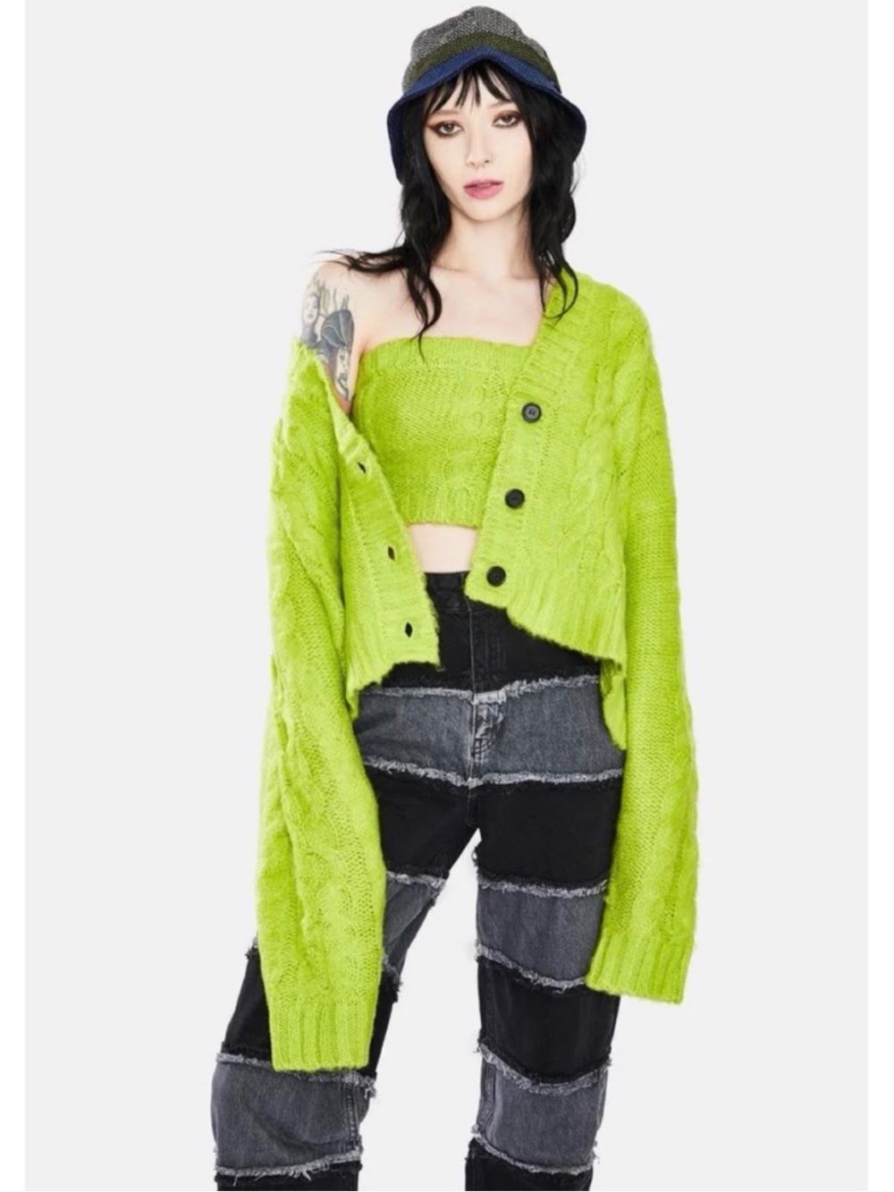 The Ragged Priest Cable Knit Green Oversized Grunge Cardigan
